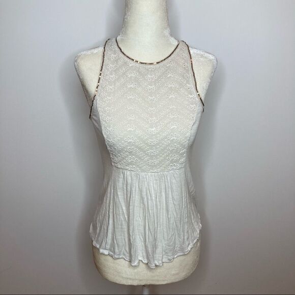 American Eagle, Sequin Trim Boho Eyelet Tank Top Peplum Swing Babydoll Tank XS - Picture 1 of 12